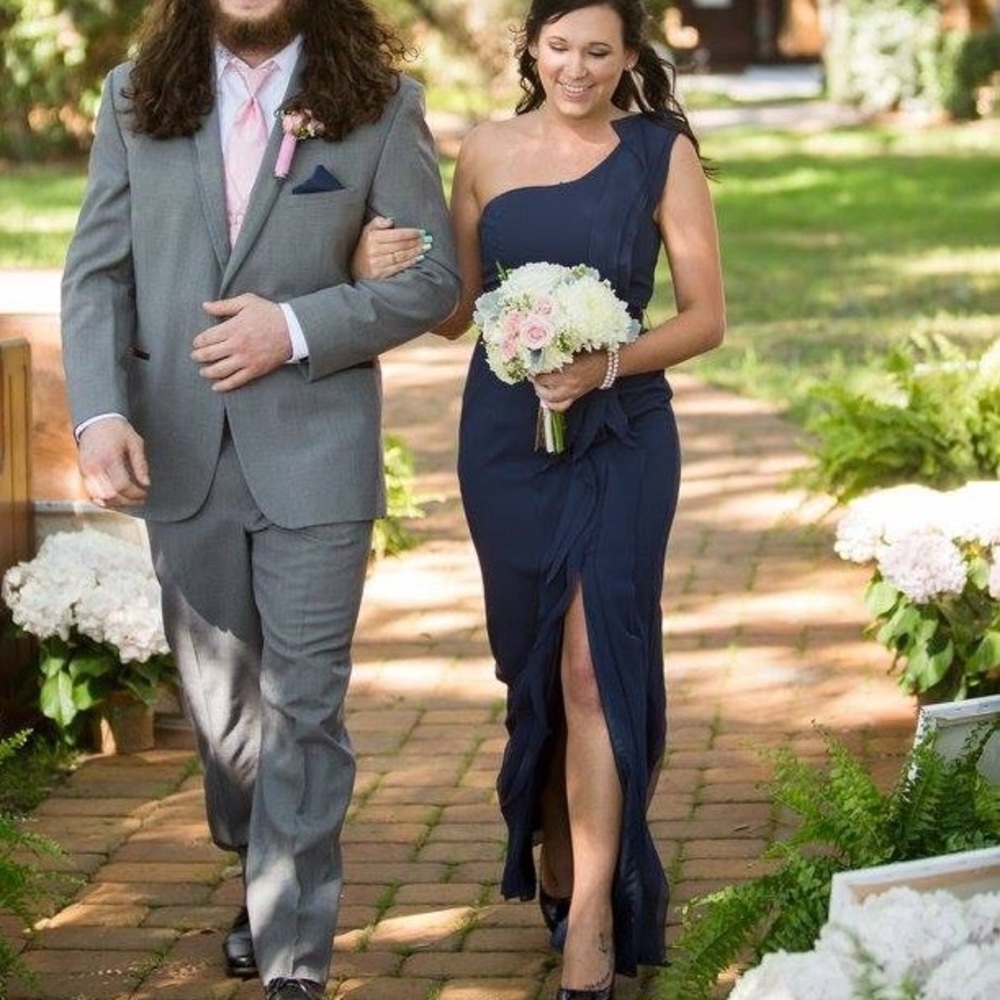 Navy blue full length Vera Wang bridesmaid dress